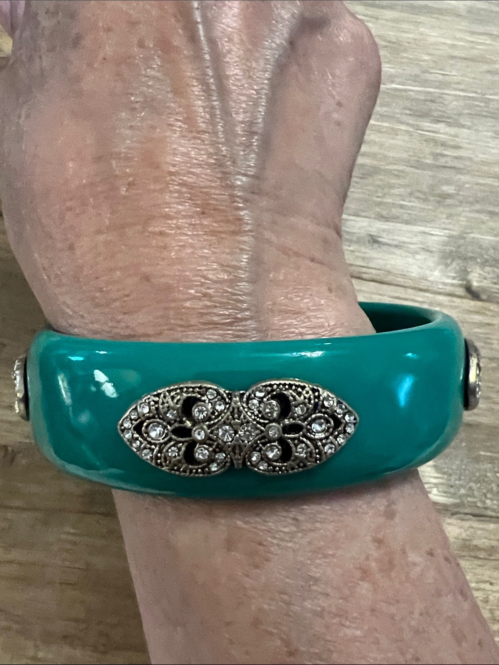 3/$18 Teal Resin Bangle with Gold-Tone Rhinestone Filigree Accent Lot 2149